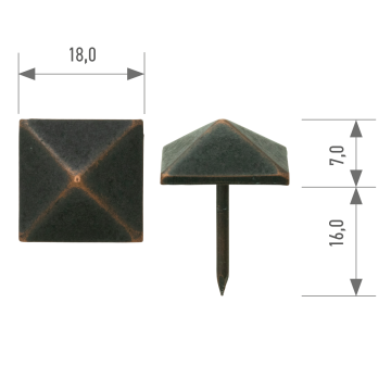 Polsterziernagel quadratisch pyramidenförmig 501F 18 × 18 mm – Stift 16 mm altkupfer 
