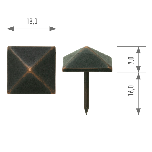 Polsterziernagel quadratisch pyramidenförmig 501F 18 × 18 mm – Stift 16 mm altkupfer 