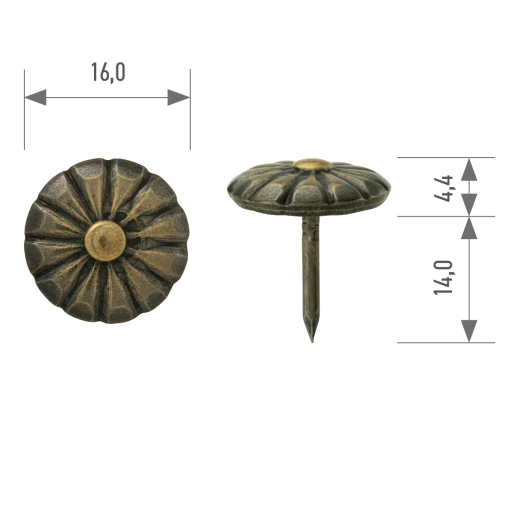 Polsterziernagel fassoniert 546W Ø 16 mm – Stift 14 mm bronce-renaissance poliert 