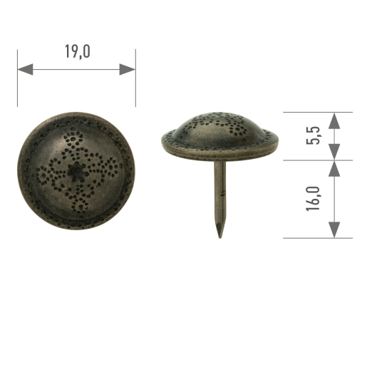 Polsterziernagel hochgewölbt antik strukturiert 563N Ø 19 mm – Stift 16 mm bronce-renaissance 