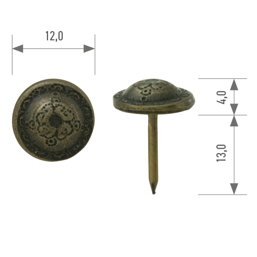 Polsterziernagel hochgewölbt ornamental geprägt 567N Ø 12 mm – Stift 13 mm bronce-renaissance 